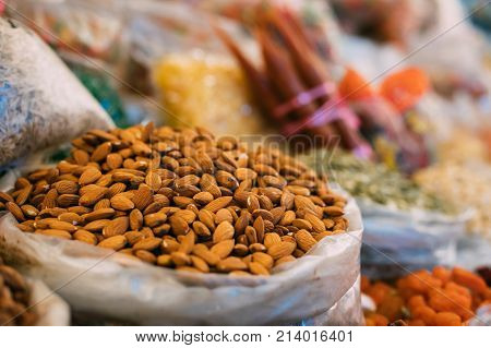 Tbilisi, Georgia. Close View Of Almond Nut Prunus Dulcis In Bag On Showcase Of Local Food Market.