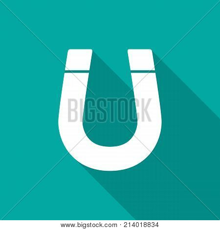 Magnet icon with long shadow. Flat design style. Magnet simple silhouette. Modern minimalist icon in stylish colors. Web site page and mobile app design vector element.