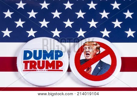 LONDON UK - NOVEMBER 15TH 2017: Anti-Tump badges over an American flag background on 15th November 2017.