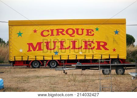 Valras-plage, Herault, France - Aug 22 2017: Trailer Belonging To A French Circus Or 
