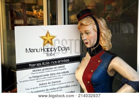 Valras-plage, Herault, France - Aug 27 2017: Menu At The French Hollywood Themed 