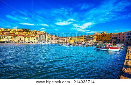 Elba island Portoferraio village harbour and skyline. Tuscany Italy. Europe