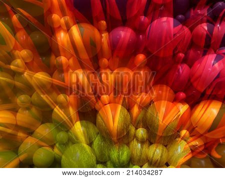 Colorful abstract close up of an orange Gerbera flower with a balloon pattern in the background and space for text.