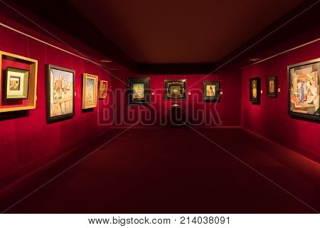 Figueres, Spain - November 12, 2017: Salvador Dali museum in Figeras. room with masterpieces