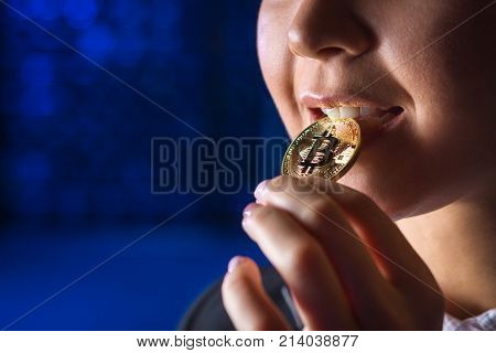 bitcoin woman hold mining cryptography virtual beautiful