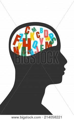 Man avatar profile view. Mental health relative icon. Scientific medical designs. Various letters in brains.