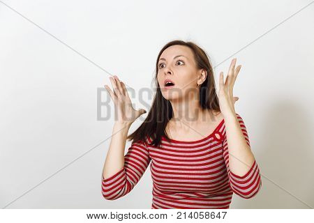 Pretty European Young Worried And Pensive Brown-haired Woman With Healthy Clean Skin, Dressed In Cas