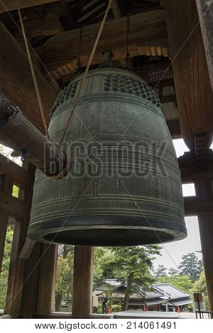 Nara, Japan - May 31, 2017: Bronze temple bell of the Todai-ji Temple in Nara 