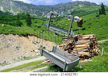 Wood transporter elevator in the mountain Veitsch Austria