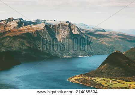 Fjord and Mountains Landscape in Norway Travel scenic aerial view