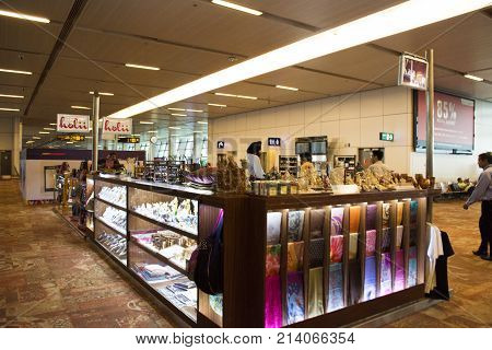 Indian People And Foreigner Travelers Walking Visit And Shopping Duty Free Inside Of Indira Gandhi I