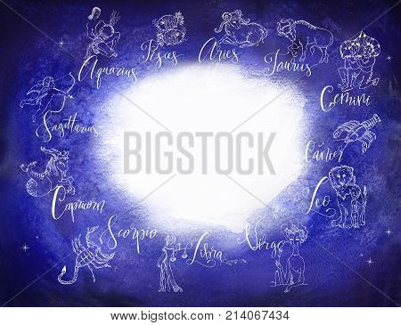 Deep blue watercolored textuted background with hand drawn images zodiacs signs around the white area inside and artistic modern lettering in names of constellations
