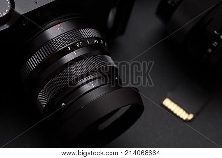 Vintage style mirrorless camera,Concept of Photographer. Selective focus on lens