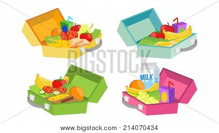 Lunch Boxes Set Vector. Various Ingredients. Healthy Food