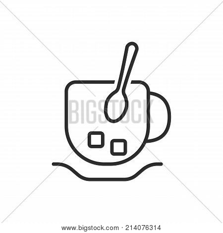 thin line cup and spoon icon. concept of  yummy, aroma cappuccino, fresh latte, china tasty liquid, quick refreshment. contour simple style isolated logotype graphic art design on white background