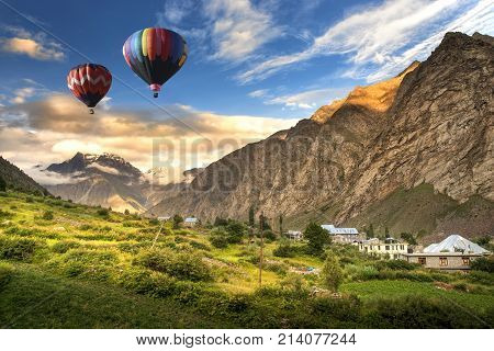 Hot Balloon Air Over Jispa Town, Lahaul Valley, Himachal Pradesh, India.