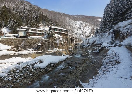 Small Village In Valley, Jigokudani Snow Monkey Park, Nagano, Japan