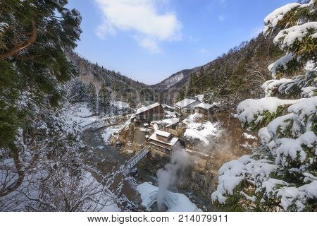 Small Village In Valley, Jigokudani Snow Monkey Park, Nagano, Japan