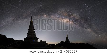 Panorama view of Milky way, Million stars on sky with Pagoda in Thailand.