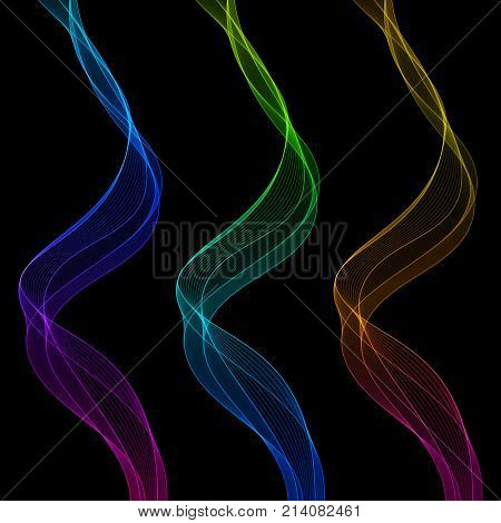 Set of Decorative Design Elements Gradient Waved Lines Isolated on Dark Background. Smooth Wavy Horizontal Curved Lines.