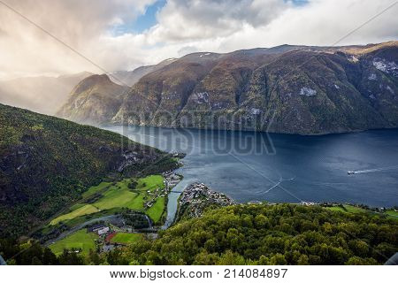 Aurland and Aurlandsfjord in the mist, Sogn og Fjordane, Norway.  It is located on the south side of the Sognefjorden in the district of Sogn.