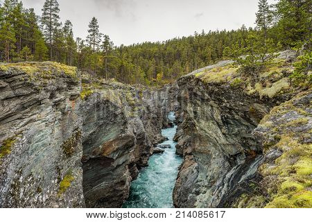 Ridderspranget in Jotunheimen National Park, Norway. Ridderspranget is a current in the river Sjoa formed when the river has gnawed deep into bedrock.