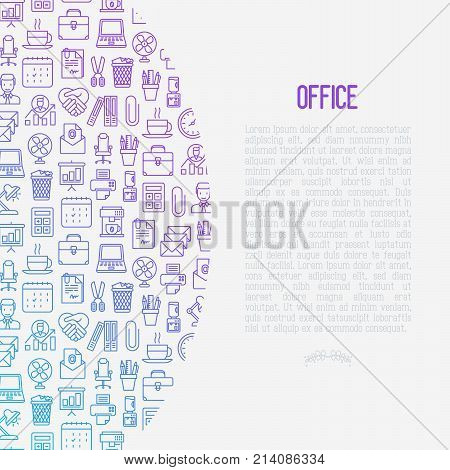 Office concept with thin line icons of manager, coffee machine, chair, career growth, e-mail, folders, watercooler, lamp. Vector illustration for banner, web page, print media.