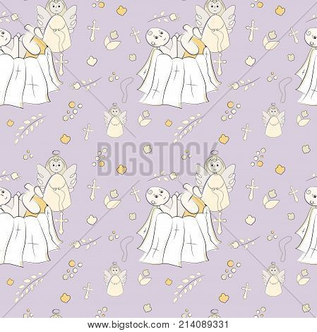 Vectron seamless pattern of elements drawn manually in the style of doodle. Christening, infant, religion, church. Used for wallpapers, backgrounds, wrapping paper.