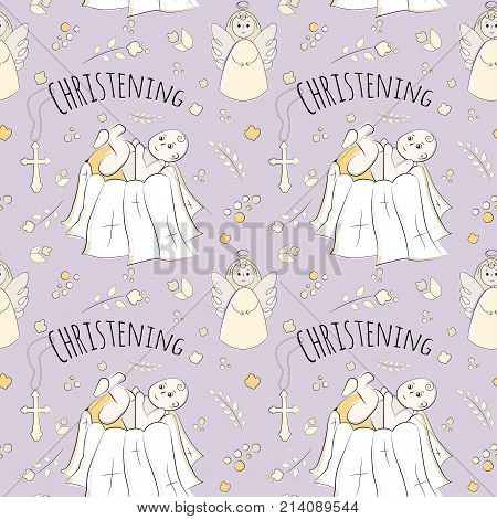 Vectron seamless pattern of elements drawn manually in the style of doodle. Christening, infant, religion, church. Used for wallpapers, backgrounds, wrapping paper.