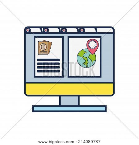 computer with webside to travel tickets and location symbol vector illustration
