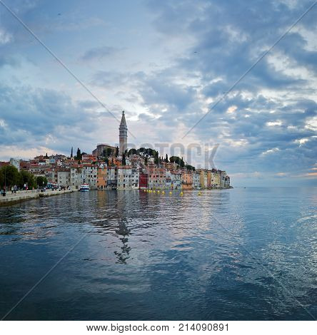 Rovinj. Beautiful cloudscape of romantic old town of Rovin during sunset, Istrian Peninsula, Croatia, Europe.