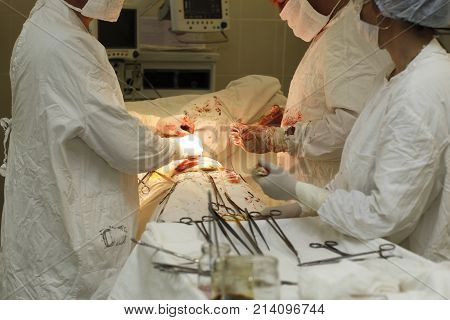 Belarus Gomel city June 1 2016 the regional hospital.Doctors do the operation to an unknown person.Proffer operation.Profession surgeon. Operating table. To cut a man