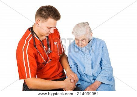 Picture of a senior woman with her young male caregiver