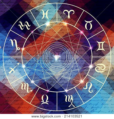Magic circle with zodiacs sign on abstract grunge background.