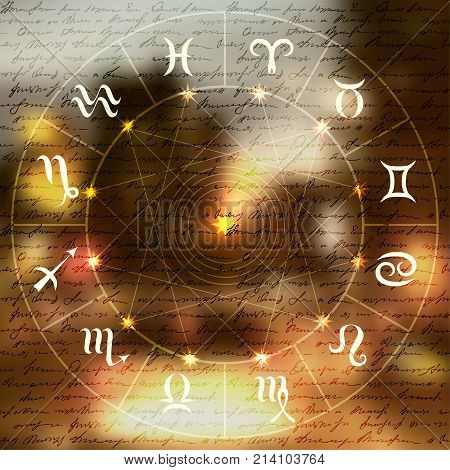 Magic circle with zodiacs sign on smooth blurred background.