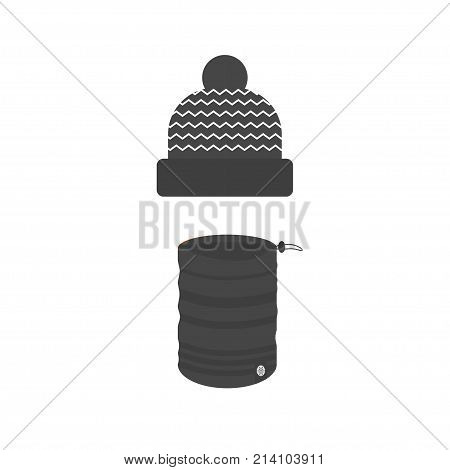 Winter sport icons collection with skarf and hat. Skiing and snowboarding set accessories isolated on white background in flat style design. Elements for ski resort picture mountain activities vector illustration.