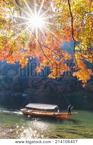 Beautiful Nature View Of Arashiyama In Autumn Season Along The River In Kyoto, Japan. Arashiyama Is