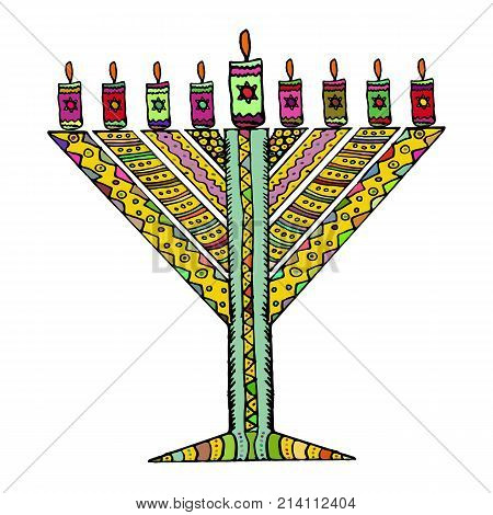 Colorful Hanukkah in the style of doodle. Triangular Chanukiah Chabad. Jewish holiday of Hanukkah. Hand draw. Sketch. Vector illustration on isolated background