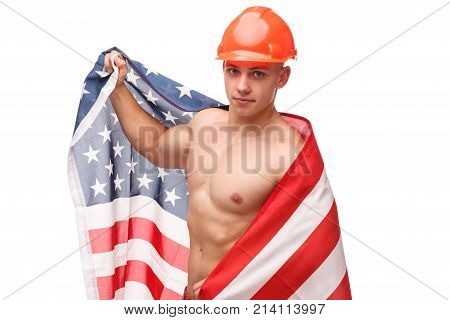 A guy in a helmet with a bare chest and an American flag on his back. Raised a handon white isolated background