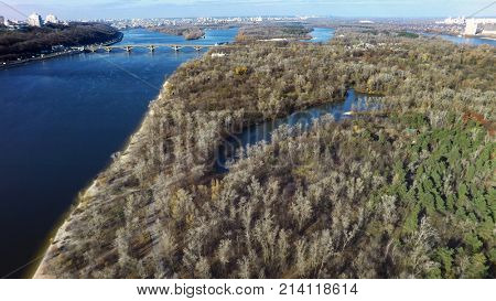 aerial view of Dniepr river in Kiev at last autumn