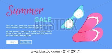 Summer sale web poster with slide sandals or flip-flops and sunglasses vector illustration banner on blue background, summertime accessories