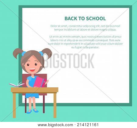 Back to school vector illustration with schoolgirl sitting at desk with textbook, reading open book on background with place for text