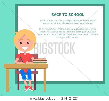 Back to school vector illustration with schoolboy sitting at the table with pile of textbook, writing in copybook with pen, happy child at lesson