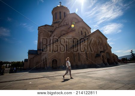 Cathedral of Tsmind Sameba, Tbilisi - MARCH 08: Tourists visiting the Cathedral of Tsmind Sameba in the Tbilisi. Rome, Tbilisi on March 08, 2017
