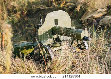 Dyatlovichi, Belarus - October 1, 2016: Maxim's Machine Gun Model 1910 30 On A Wheeled Vladimirov's Mount. PM M1910 Was A Heavy Machine Gun Used By The Imperial Russian Army During WW I And Red Army During Russian Civil War And World War II