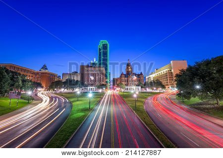 Dallas, Texas, USA skyline over Dealey Plaza.