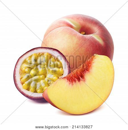 Peach and passion fruit isolated on white background as package design element