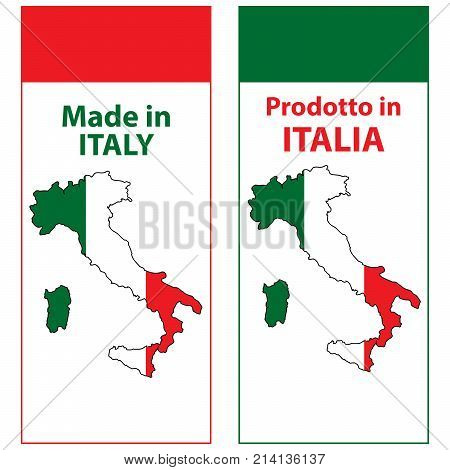 Made in Italy (Prodotto in Italia) - sticker set for print designed for the retail industry. The text is written in English and Italian. Contains the Italian map and flag.