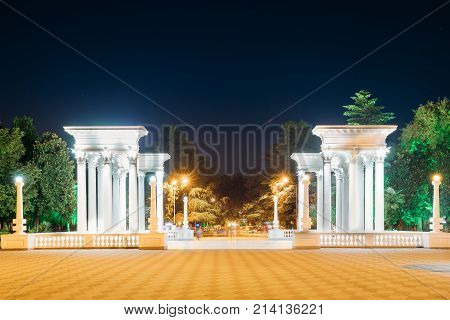 Batumi, Adjara, Georgia. Colonades Near Seafront Promenade In Night Illuminations Lights