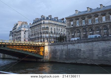 Arcole Bridge With Lights In The Night Of Paris, France